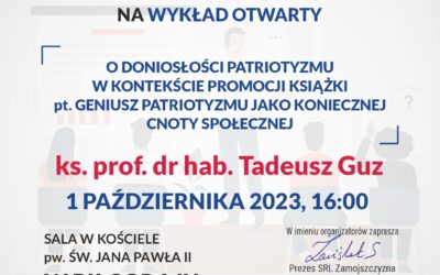 Zaproszenie na wykład otwarty, ks. prof. dr hab. Tadeusz Guz, 1 października 2023